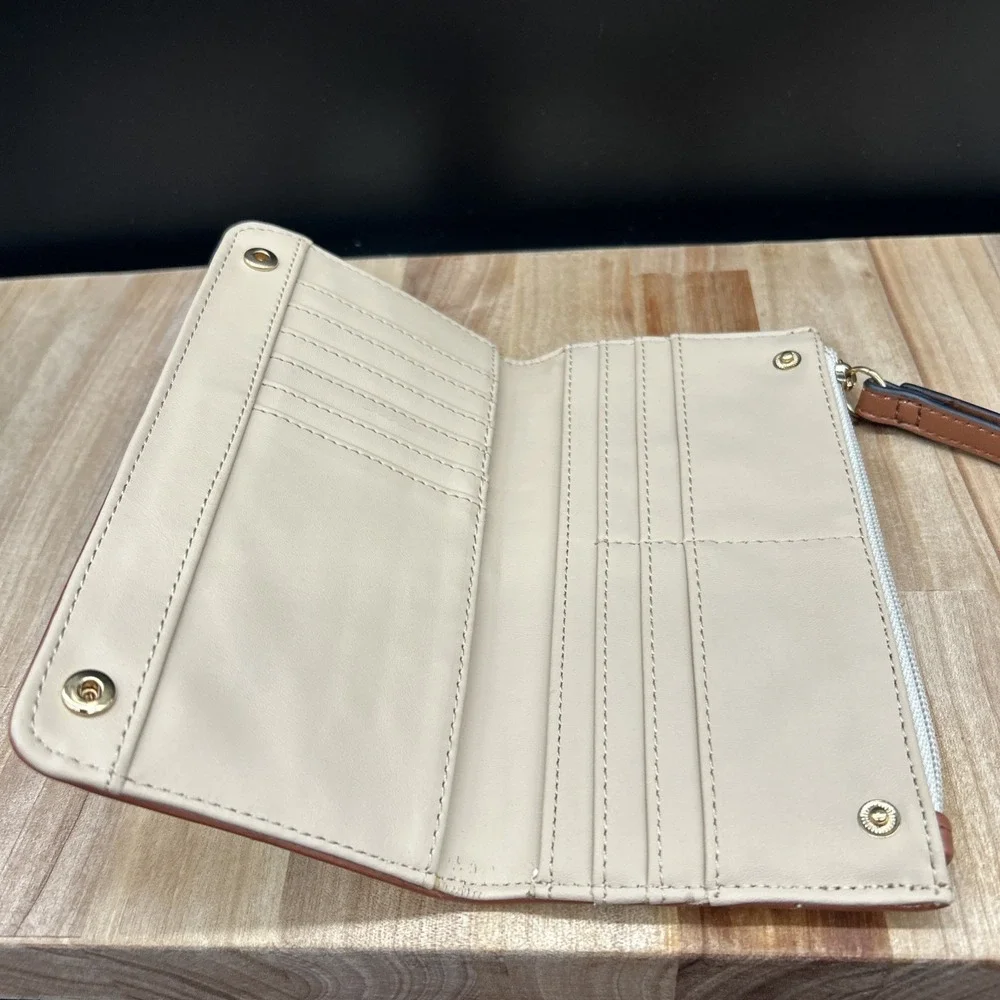 GUESS Beige With Brown Trim Embossed Wristlet‎ Wallet